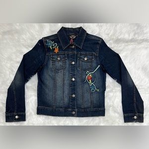 VTG Harley Davidson Jean Denim Jacket M Womens Embroidered Spellout Floral Blue